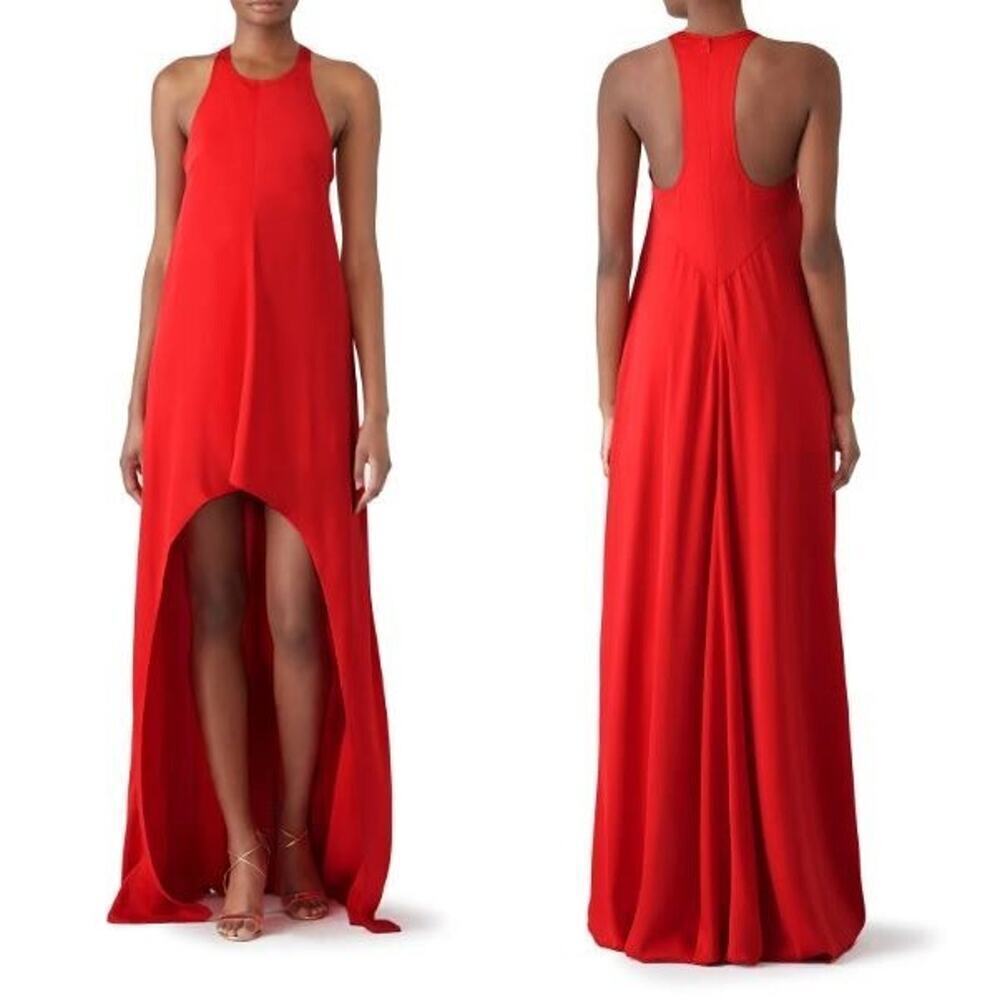 KAUFMANFRANCO Satin Halter Neck Sleeveless Lined High Low Gown Red Women's 6